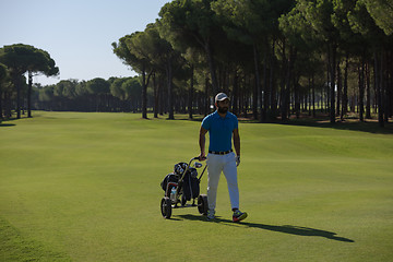 Image showing golf player walking with wheel bag