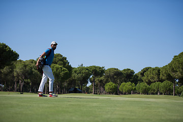 Image showing golf player walking and carrying bag