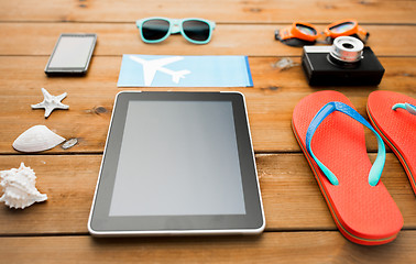 Image showing close up of tablet pc and travel stuff