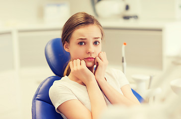 Image showing scared and terrified patient girl at dental clinic