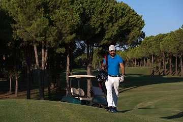 Image showing golfer  walking and carrying golf  bag