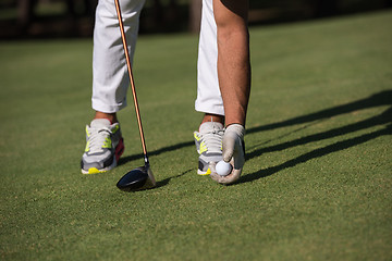 Image showing golf player placing ball on tee