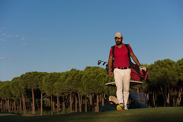 Image showing golfer  walking and carrying golf  bag