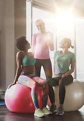 Image showing group of smiling women with exercise balls in gym