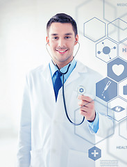 Image showing doctor with stethoscope and virtual screen