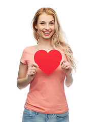 Image showing happy woman or teen girl with red heart shape