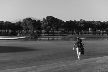 Image showing golfer  walking and carrying bag