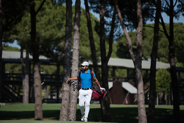 Image showing golf player walking and carrying bag