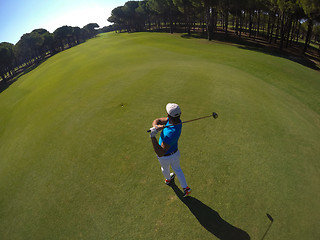 Image showing top view of golf player hitting shot