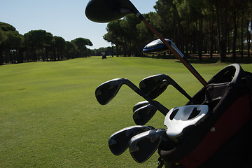 Image showing close up golf bag on course