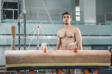 Image showing The sportsman before difficult exercise, sports gymnastics