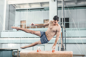 Image showing The sportsman during difficult exercise, sports gymnastics