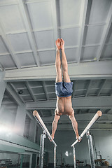 Image showing Male gymnast performing handstand on parallel bars