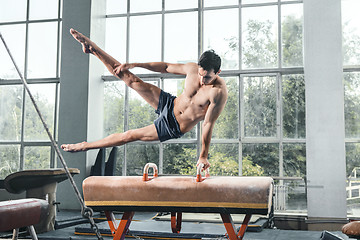 Image showing The sportsman during difficult exercise, sports gymnastics