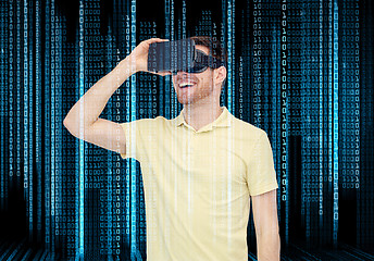 Image showing happy man in virtual reality headset or 3d glasses