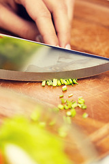 Image showing close up of woman chopping green onion with knife