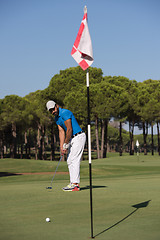 Image showing golf player hitting shot at sunny day