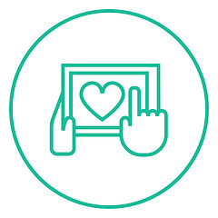 Image showing Hands holding tablet with heart sign line icon.