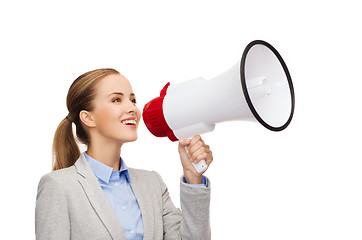 Image showing smiling businesswoman with megaphone