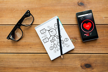 Image showing close up of notepad, smartphone and eyeglasses