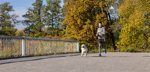 Image showing happy man with labrador dog running outdoors