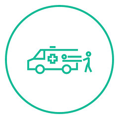 Image showing Man with patient and ambulance car line icon.