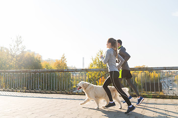 Image showing happy couple with dog running outdoors