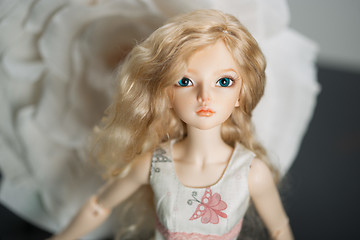 Image showing beautiful doll on a background of artificial flower