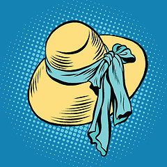 Image showing Straw sun hat with blue ribbon, beachwear