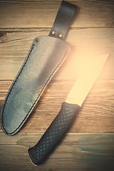 Image showing shiny hunting knife and leather scabbard