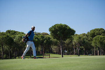 Image showing golf player walking and carrying bag