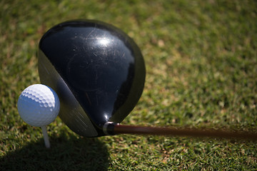 Image showing top view of golf club and ball in grass