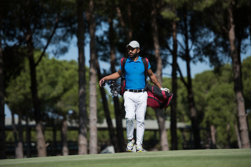 Image showing golf player walking and carrying bag