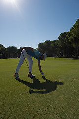 Image showing golf player placing ball on tee