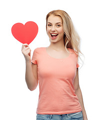 Image showing happy woman or teen girl with red heart shape