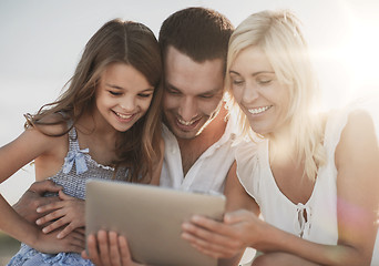 Image showing happy family with tablet pc taking picture