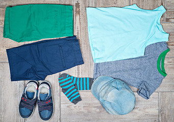 Image showing Flat lay photography of some boy\'s casual outfits.