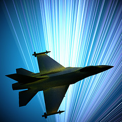 Image showing Fighter jet flying against a blue sky, 3d illustration