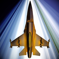 Image showing Fighter jet flying against a blue sky, 3d illustration