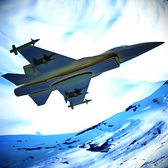 Image showing Fighter jet flying against a blue sky, 3d illustration