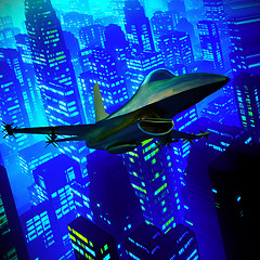 Image showing Fighter jet flying against a blue sky, 3d illustration