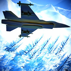 Image showing Fighter jet flying against a blue sky, 3d illustration