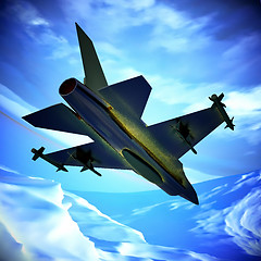 Image showing Fighter jet flying against a blue sky, 3d illustration