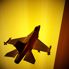 Image showing Fighter jet flying against a blue sky, 3d illustration