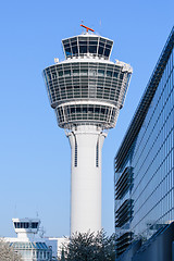 Image showing Air traffic control tower in Munich international passenger hub 