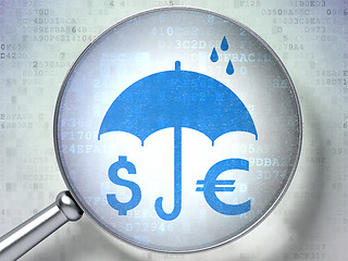 Image showing Protection concept: Money And Umbrella with optical glass on digital background