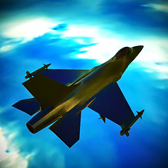 Image showing Fighter jet flying against a blue sky, 3d illustration