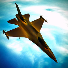 Image showing Fighter jet flying against a blue sky, 3d illustration