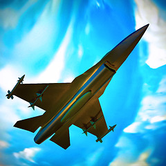 Image showing Fighter jet flying against a blue sky, 3d illustration