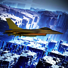 Image showing Fighter jet flying against a blue sky, 3d illustration